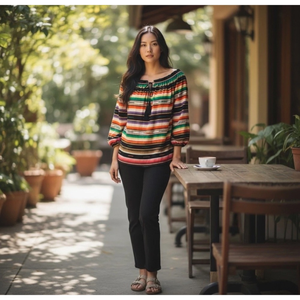 Ralph Lauren Women Medium Blouse Rainbow Striped Tassel Peasant Southwestern